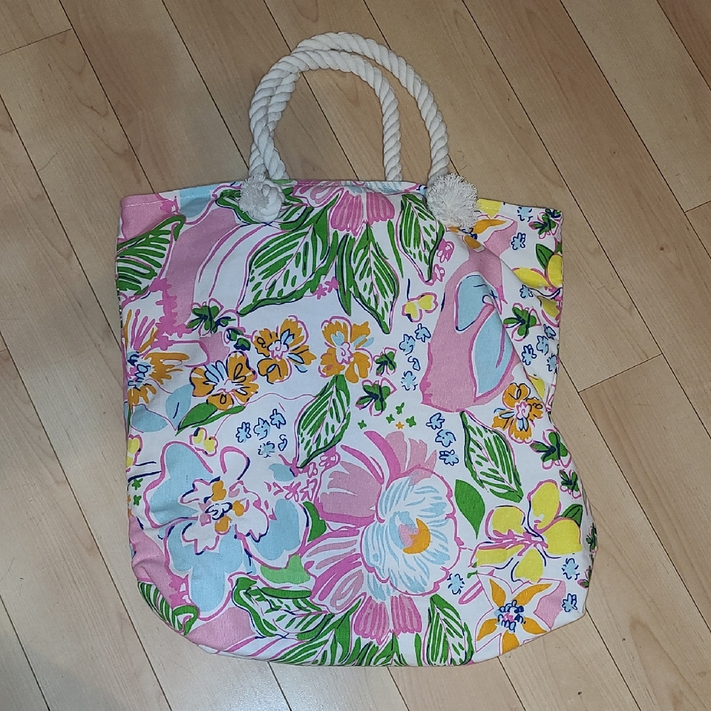 Floral Pink Canvas Tote Bag with Rope Handles
